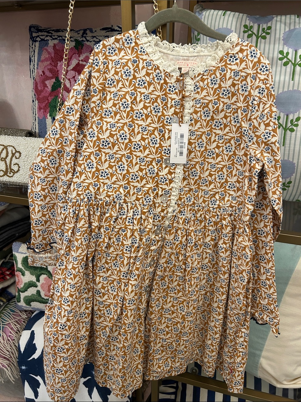 Pink Chicken Girls' Floral Cotton Dress in Tan and White